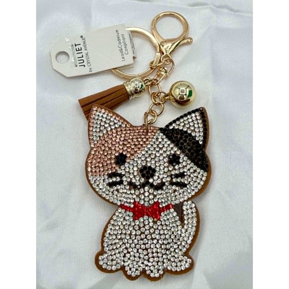 Juliet by Crystal Avenue Rhinestone Cat Keychain Tassel Bell Bag Charm NWT
